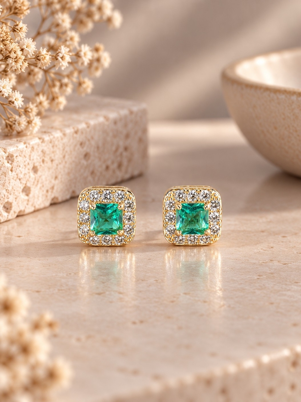 Gold Green Halo Stud Earrings